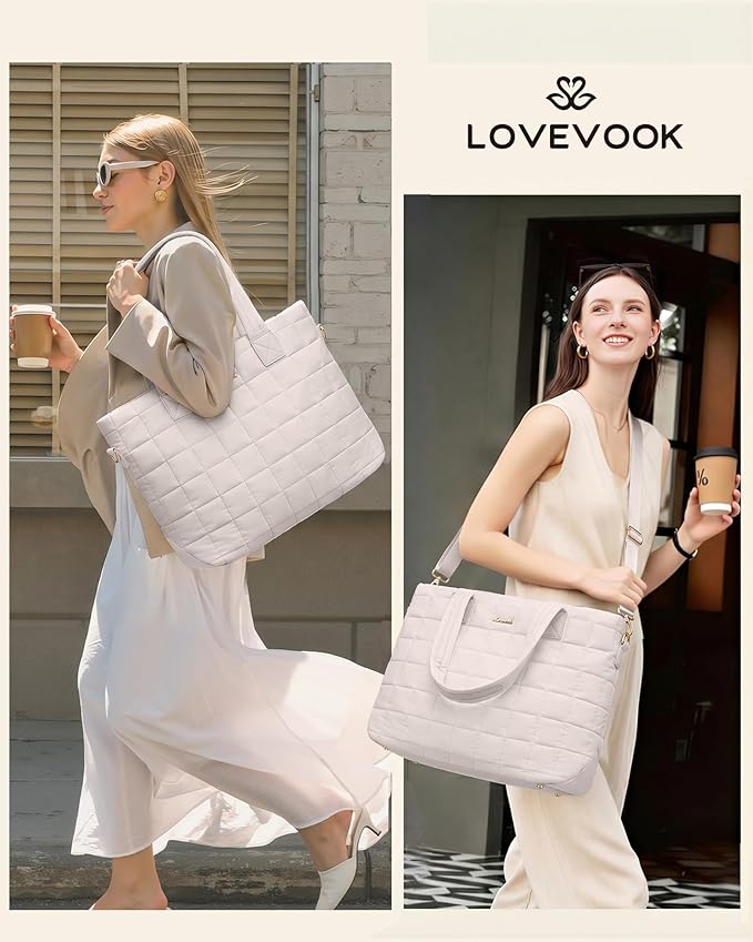 LOVEVOOK Laptop Tote Bag for Women, 15.6 Inch Large Puffer Work Computer Tote Bags for Teacher Nurse, Quilted Women's Purse Tote Shoulder Handbags with Zipper for Travel College Office Gym, Taupe