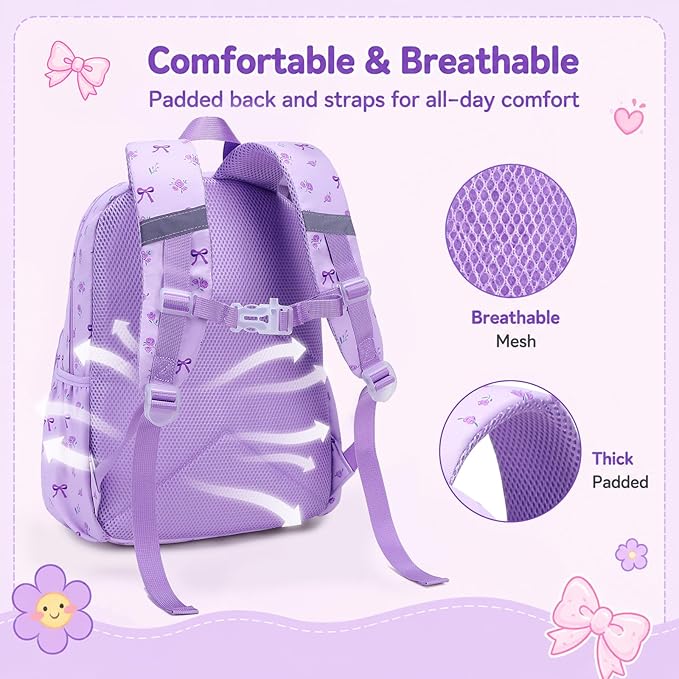 BTOOP Kids Backpack for Girls 4-6, Small Girls Backpack-Preschool Kindergarten School Bookbag with Insulated Lunch Compartment & Chest Strap for Girl (Purple-Bow, Age 3-6 (14.5" H Fit Folder))