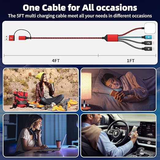 Travel Essentials 4in2 Multi Charging Cable for iPhone Watch Charger,USB A/C to Dual IP/Type C/iWatch Charger,Travel Chargers for Multiple Device Compatible with iWatch Series&iPhone 17-12/Android 5FT
