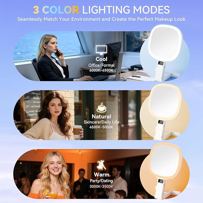 Auxmir 30X/1X Travel Makeup Mirror with Lights, Rechargeable Lighted Magnifying Mirror with LED Display, 3 Color Dimmable Vanity Mirror, Foldable Portable Mirror for Tabletop/Handheld/Hanging, White