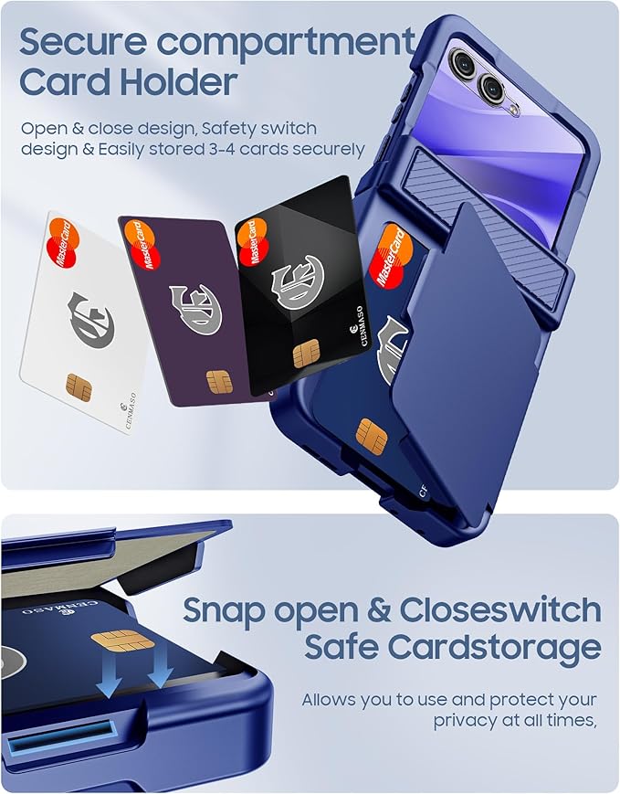 for Motorola Razr 2025 Case/Razr 2024 Case with Card Holder RFID Blocking, Built in Hinge Protection,Screen Protector,Full Body Rugged Shockproof Phone Case for Razr 2025/2024 (Sapphire Blue)