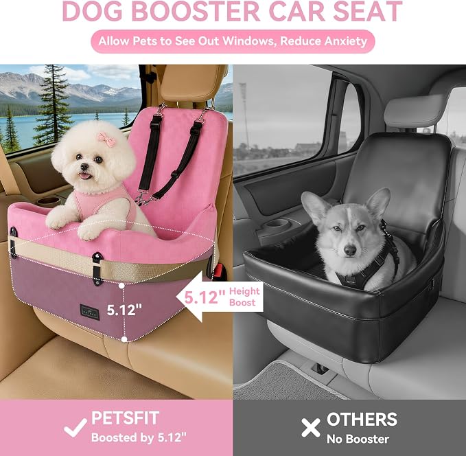 PETSFIT Dog Car Seat for Small/Medium Dogs Up to 35 lbs – Patented Safety System, 5" Memory Foam Pet Booster Car Seat, Fully Detachable and Washable Dog Carseat with 2 Storage Pockets (Pink)