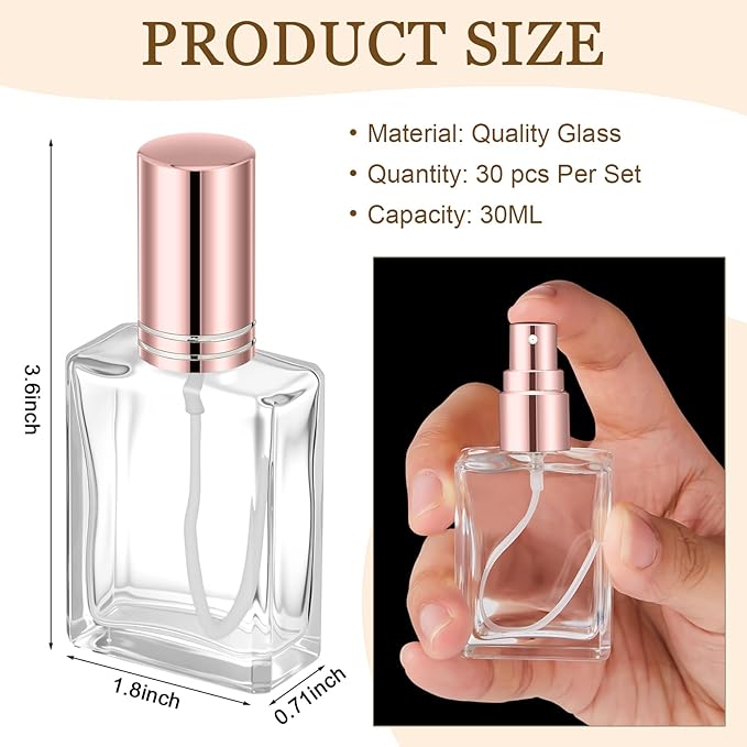 Domensi 30 Pcs 10/15/30/50 ml Glass Perfume Bottles Mini Glass Empty Spray Atomizer Bottles Bulk Refillable Perfume Dispenser Container with Pump Tool for Travel Skin Care (30 ml,Rose Gold)
