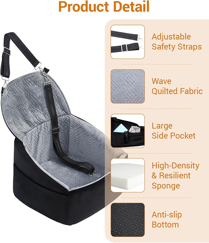 NUPIDA Dog Booster Car Seat with Extend Backrest for Small Medium Pet, Grey | Easy Install, Up to 30 lbs, Washable Removable Cover with zippper, Non-Slip Bottom, Large Storage Pockets, 2 Safety Leashes
