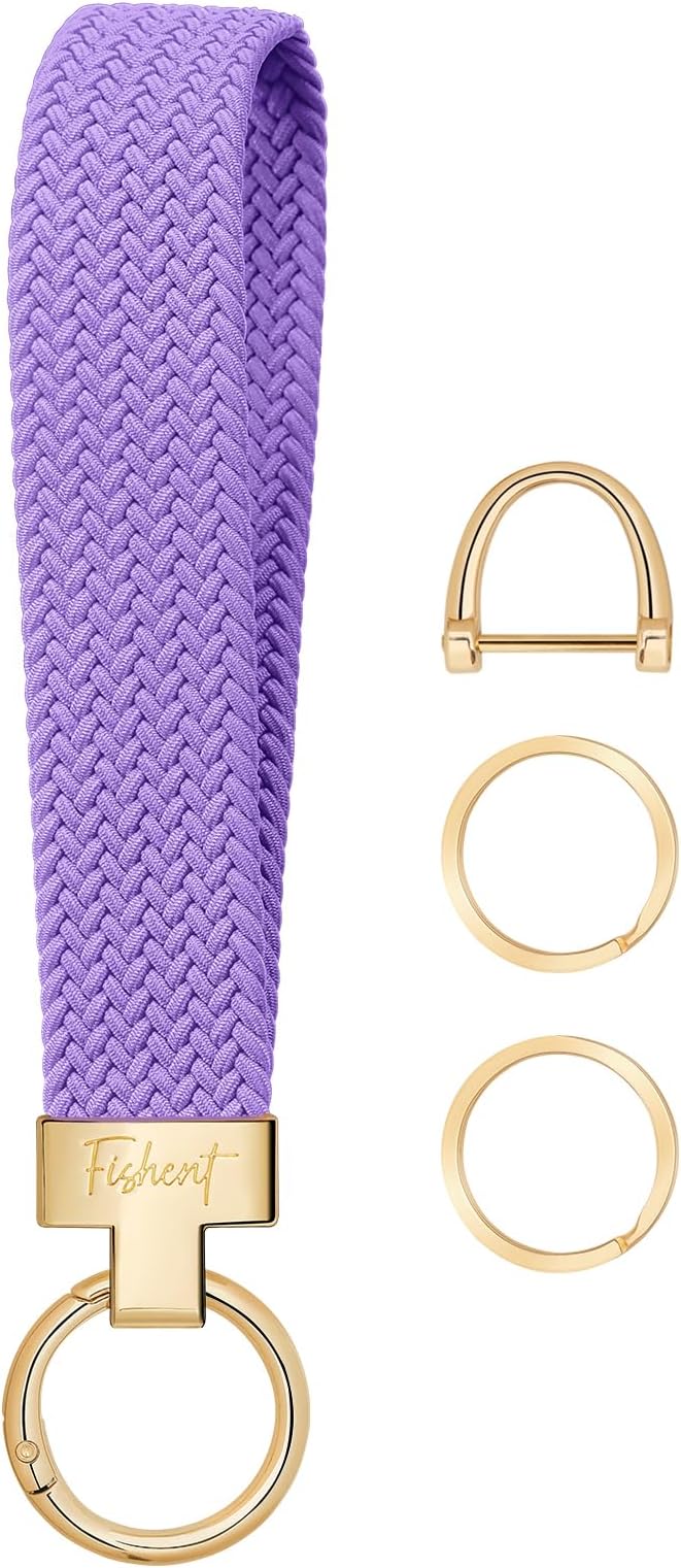 Fishent Stretchy Wristlet Keychain, Cute Key Chain, Woven Wrist Lanyard for Car Keys with 3 Keyrings and D-ring for Women Men