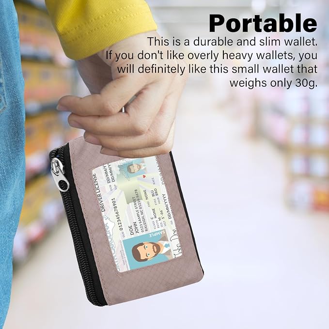 Minimalist RFID Wallet with Lanyard, Multi-Functional ID Case with 2 Zipper Pockets and Key Chain for Men and Women, Tactical Badge Pouch Cards Holder, Coin Purse for Travel Sports - Gray&Pink