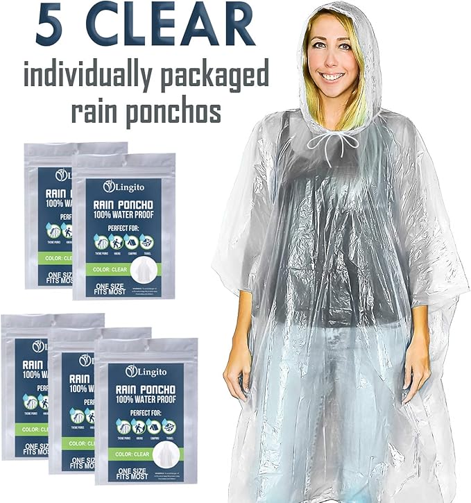 Lingito Clear Emergency Rain Ponchos Adults, Thicker, 100% Waterproof Emergency Camping Rain Poncho, Amusement Parks, Hikes