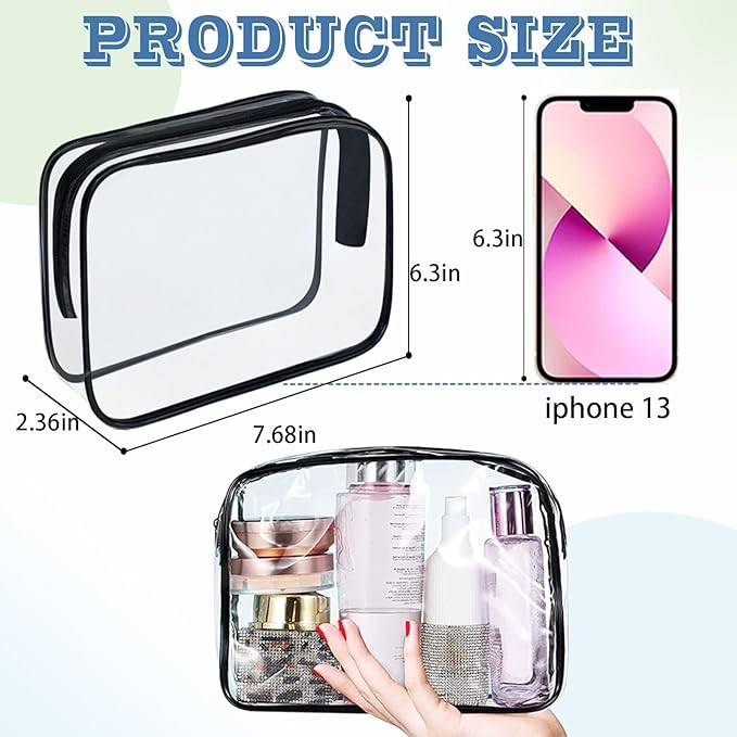16 Pieces Clear Makeup Bags Bulk, TSA Approved Toiletry Bag for Travel, PVC Waterproof Travel Pouches Clear Pouch with Zipper for Men and Women Carry-on Travel Essentials Cosmetic Bags (Black-M)