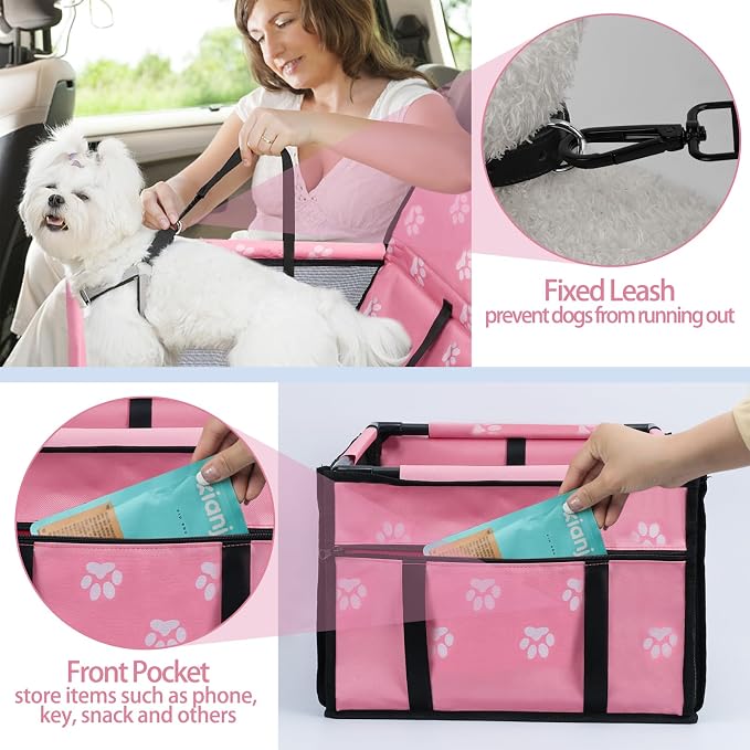 Dog Car Seat Foldable Dog Car Booster Seat Waterproof Breathable Oxford Travel Bag for Small to Medium Dogs, Puppies, and Pets-Footprint Pink-Upgrade