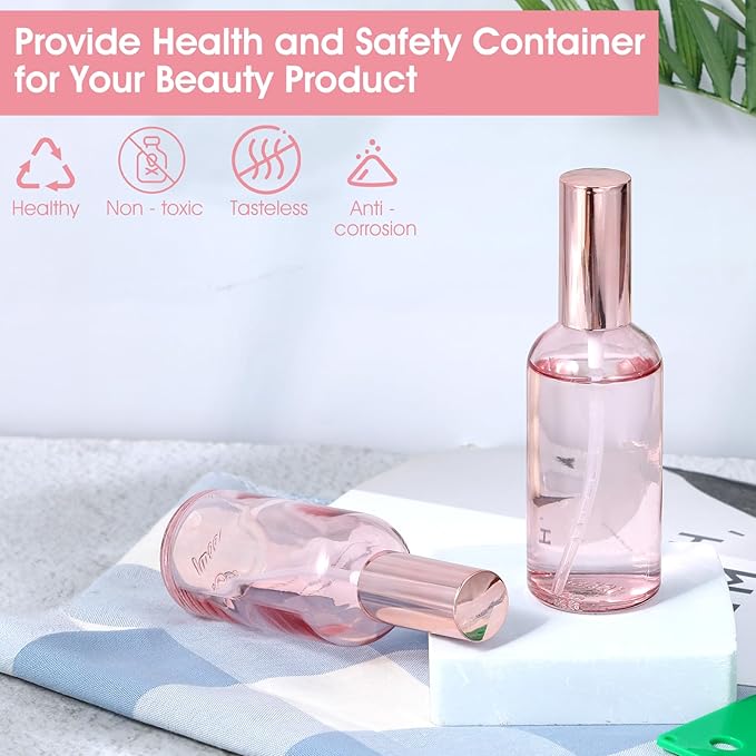 10 Pack 3.4 Oz Pink Glass Spray Bottles, Refillable Fine Mist Atomizers with Rose-Gold Caps, Empty Perfume Bottles for Essential Oils, Body Sprays, Travel