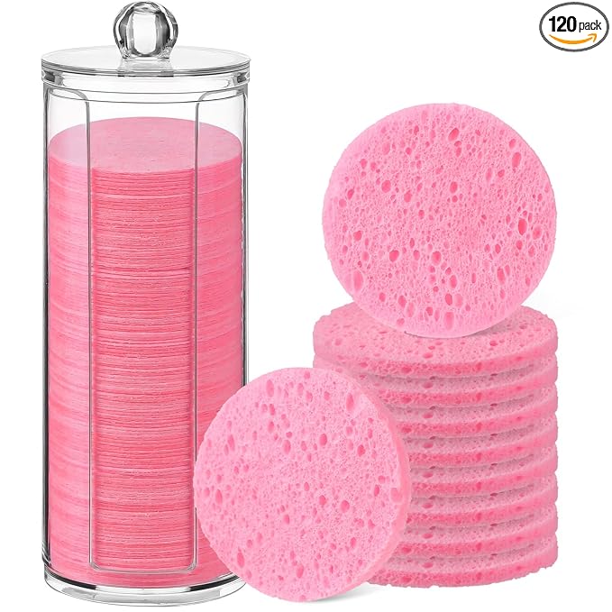 Sieral 120pcs Compressed Facial Sponges Disposable Natural Face Sponges Round Soft Pads with Container for Washing Face Cleansing Exfoliating Esthetician Makeup Removal Travel(Pink)