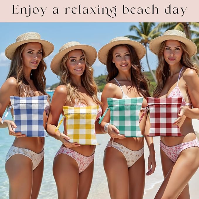 Wet Bag, 4Pcs Wet Dry Bag Set, Reusable Waterproof Bags with Plaid Prints for Women, Ideal for Beach Vacations, Pool Days, Travel & Daily Essentials Storage