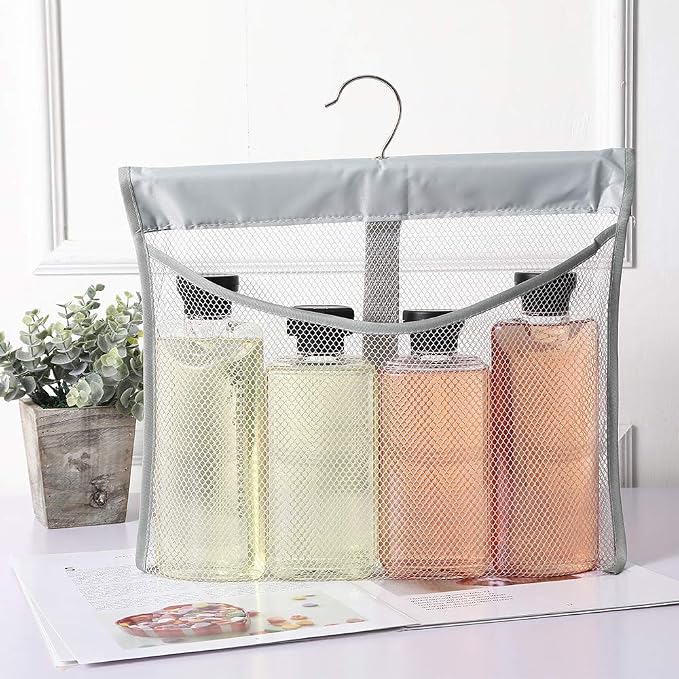 Portable Mesh Pocket with Rotatable Hanger, Quick Dry Serial Type Bath Storage Organizers for Travel, Camper, RV, Gym, Cruise, Cabin, College Dorm Shower(Gray)