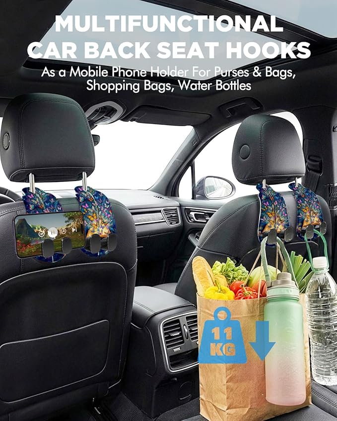 WOCOCN Purse Holder for Car, 2 Pack Heavy Duty Purse Hanger for Car, PU Leather Car Seat Hooks for Purses and Bags, Cute Butterfly Headrest Organizer for Handbags & Backpacks