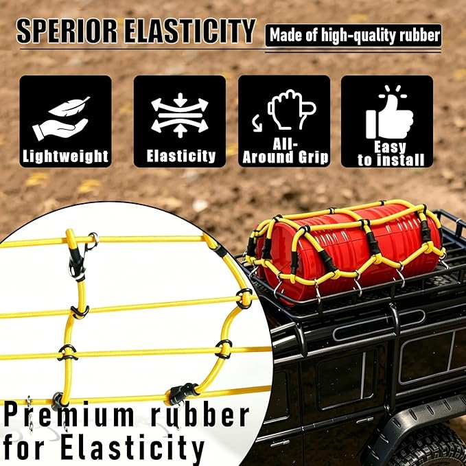 1/12 Elastic Luggage Net with Hooks, RC Scale Decoration Roof Luggage Net for for MN90 MN90K MN99 MN99S MN86K MN86KS MN86 MN86S 1/12 Series Crawler Truck Buggy (Yellow)