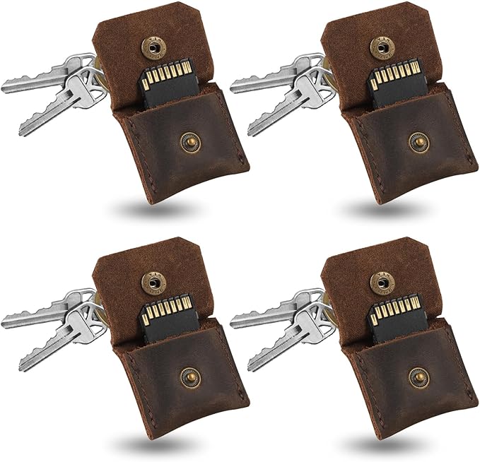 Jack&Chris Genuine Leather SD Card Holder Keychain, Anti-Shock Anti-Dust SD Card Case, Portable Camera Accessories for SD CF CFexpress Micro SD Nano SIM and Micro SIM Cards, Coffee 4 Packs
