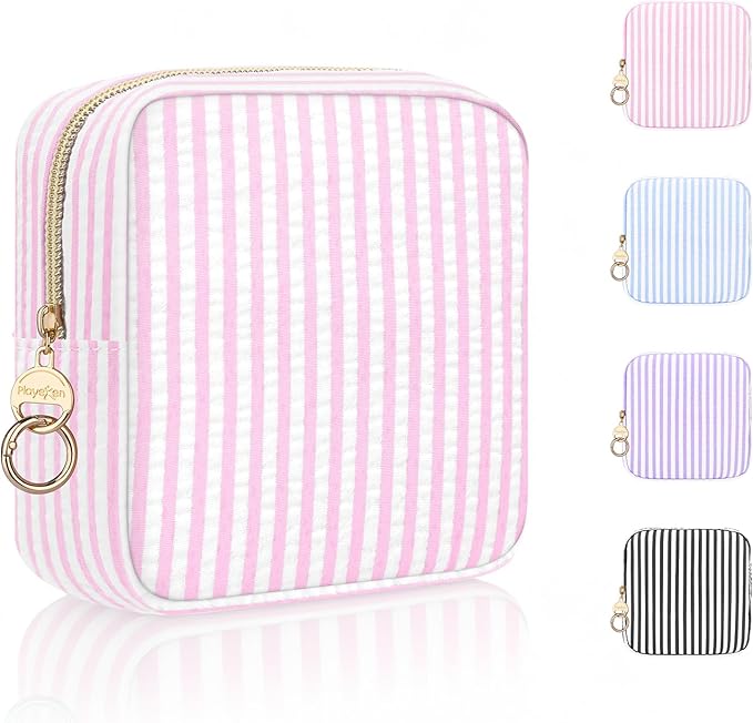Stripes Period Bag, Small Period Pouches for Teen Girls, Quilted Sanitary Napkin Storage Bag, Compact Discreet Pad and Tampon Holder for Purse (Mini Stripes-Pink)