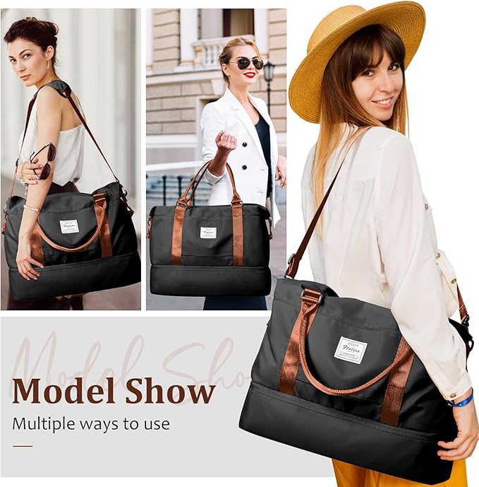 Weekender Bags for Women,Personal Item Travel Bag with Shoes Compartment,Overnight Travel Duffel Bag with Grid Toiletry Bag,Black & Brown