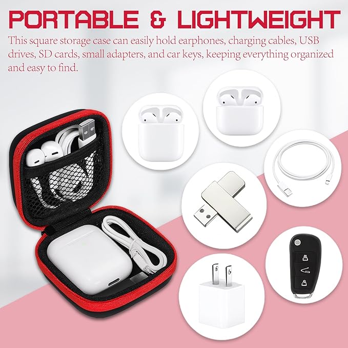 5-Pack Portable Square Earbud Carrying Cases – Multi-Color EVA+PU Leather Storage Bags with Carabiner for Earphones, SD Cards & Small Accessories