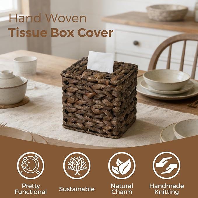 2 Pack Tissue Box Cover, Square Wicker Tissue Box Holder Facial Tissues Boxes, Hand Woven Napkin Box Tissue Holder for Bathroom Bedroom Office Table Desk Night Stand, Boho Decorative, Brown