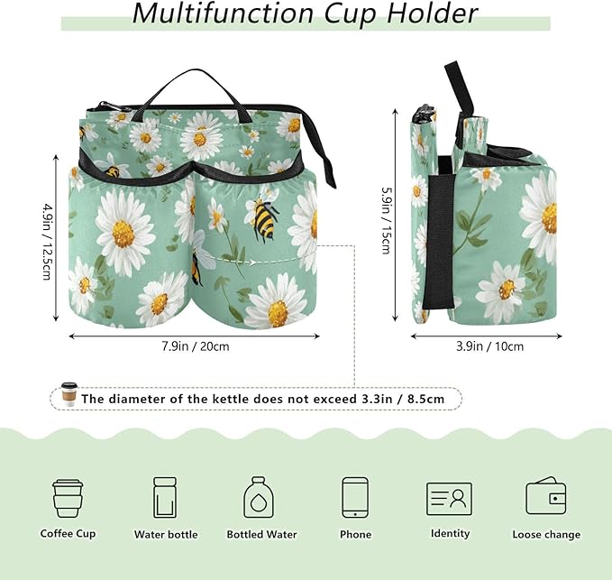 Luggage Cup Holder for Suitcases Free Hands Suitcase Cup Holder Travel Luggage Drink Holder Portable Luggage Cup Caddy Bag Carrier with Handle Mint Green Daisy Flowers and Bees