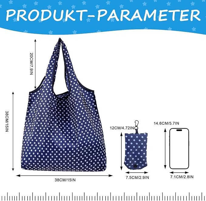 DXMWWTP 6 Pcs Foldable Reusable Shopping Bags,Tote Bags, Grocery Bags with Hook, Eco-friendly Travel Recycle Shopping Bags in Pocket, Waterproof and Machine Washable for Daily Shopping Supplies