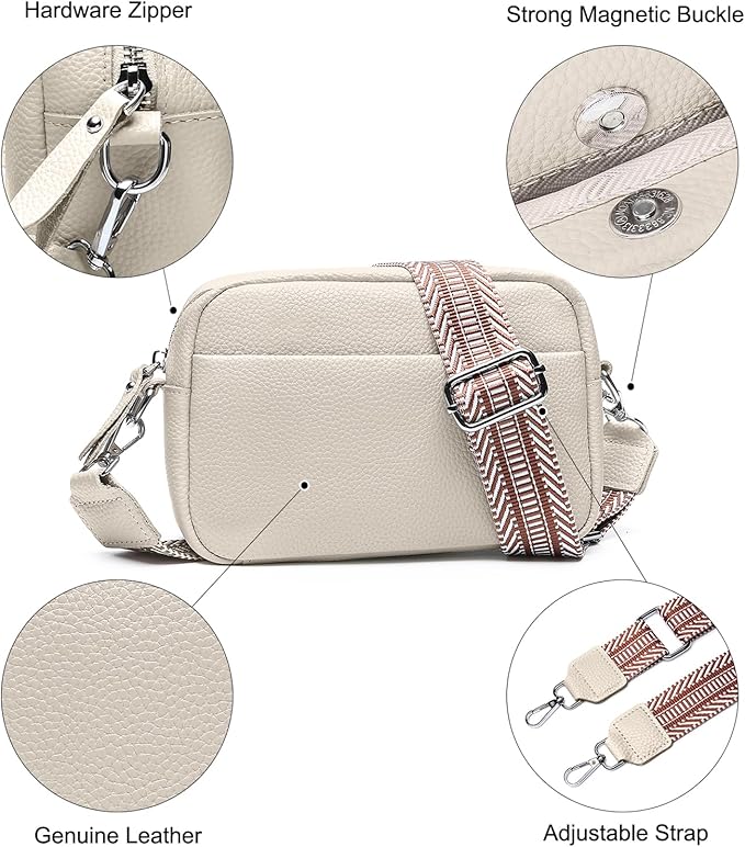 Small Crossbody Bags for Women Genuine Leather, Guitar Strap Shoulder Handbag Purse Camera Bag with Rfid Card Slots, Beige