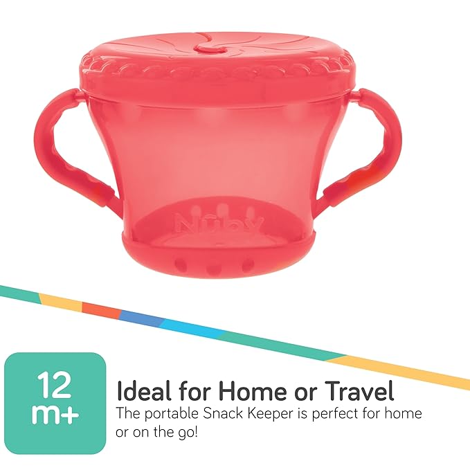 Nuby Toddler Snack Cups with Soft Flaps Lids - (2 Pack) 9 oz - Spill-Resistant Snack Containers for Kids - Portable Food Holders for Travel or Home - Coral and Aqua