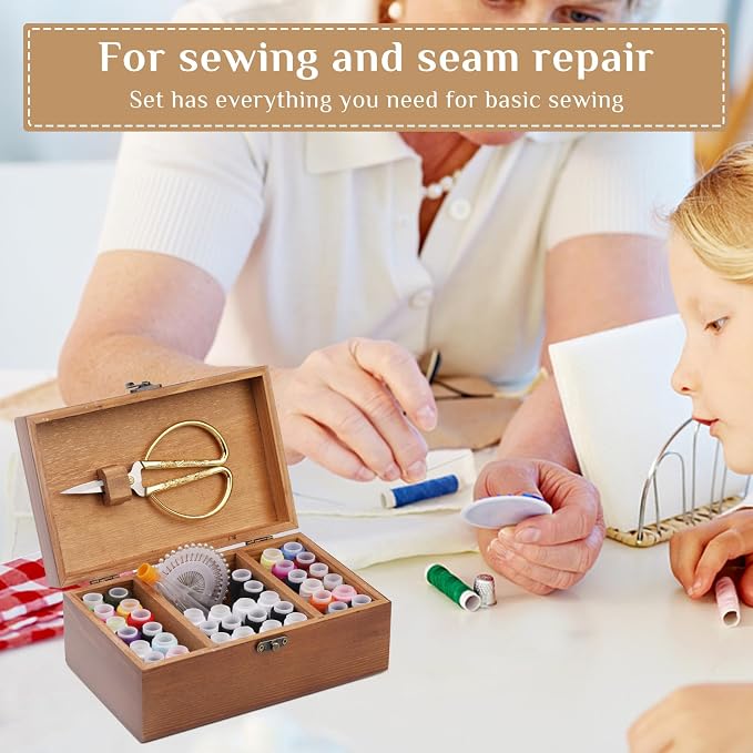 Sewing Kit Set, Wooden Sewing Kit Box, Sewing Supplies for Beginner Traveler and Emergency Clothing Fixes,DIY Crafts Accessories with Thread, Scissors, Needles, Tape Measure and Other Accessories