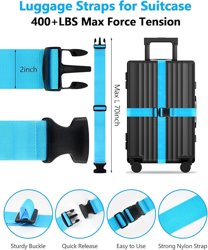 BILIONE 3Pcs Luggage Straps Set - 2 Suitcase Straps 70'' Long and 1 Add A Bag Strap, Adjustable Luggage Identifiers Nylon Travel Belt