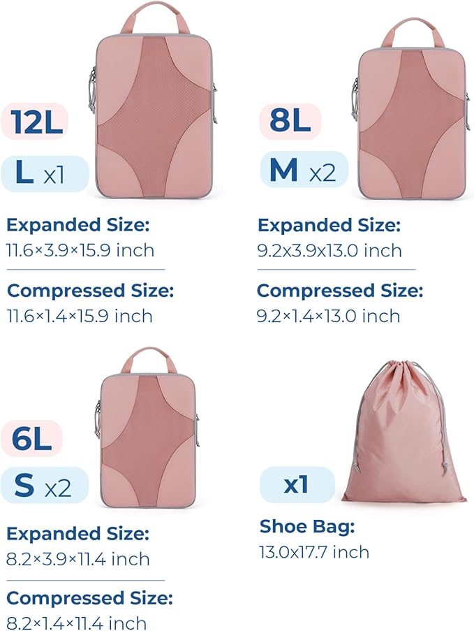 BAGSMART Compression Packing Cubes for Travel, 6 Set/14 Set Compressible Luggage Organizer for Cruise Ship, Lightweight Travel Essentials (1L+2M+2S+Shoe bag+Drawstring bag+Toiletry bag+6Plastic bags)