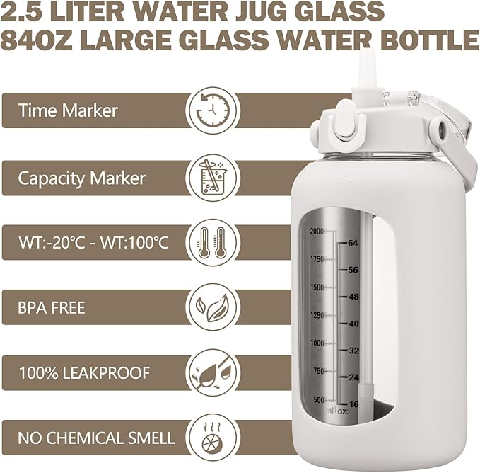 84oz Glass Water Bottle with Straw, 2.5 Liter Large Water Bottle with Silicone Sleeve and OZ Marker, Wide Mouth Gallon Glass Bottle with 2-in-1 Lid, Leakproof Water Jug for Gym Home, White