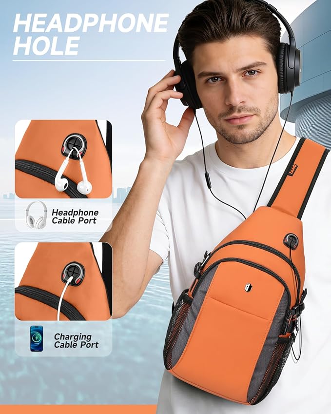 Expandable Sling Bag for Women, Anti-Theft Crossbody Bag with Side Pocket & Earphone Hole, Hiking Chest Pack for Travel, College & City Commute, Fits 11 inch iPad, Switch 2, Orange