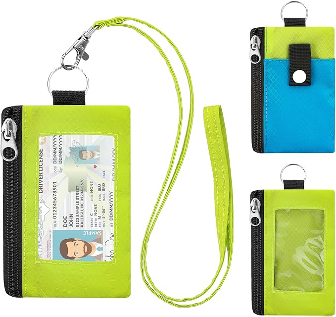 Minimalist RFID Wallet with Lanyard, Multi-Functional ID Case with 2 Zipper Pockets and Key Chain for Men and Women, Tactical Badge Pouch Cards Holder, Coin Purse for Travel Sports-BU+GN