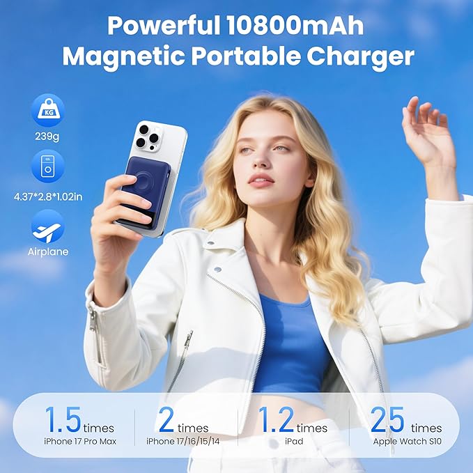 Ekrist Magnetic Portable Charger for MagSafe with Built-in Cable,iWatch Charger,Wireless Power Bank Travel Essentials,25W Fast Charging Battery Pack for iPhone 17/16/15,Apple Watch(Blue,10800mAh)