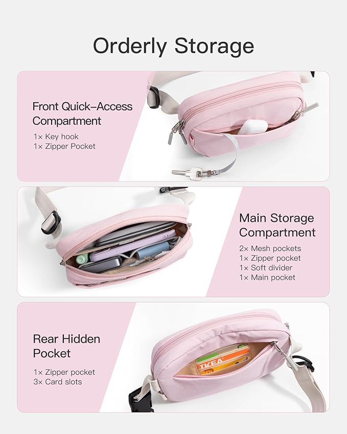 Inateck Sling Bag X-Mini, Durable Fanny Pack with RFID Blocking, Water-resistant Belt Waist Bag with Quick-adjust Strap, Stylish Waist Pack for Men, Women, Travel, Hiking, Cycling, Work, Sports, Pink