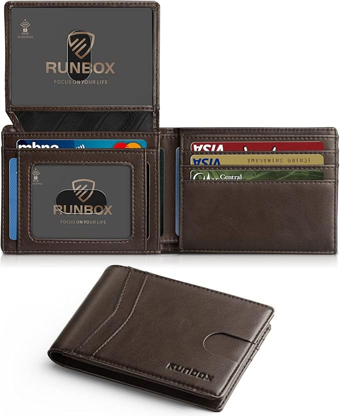 RUNBOX Wallet for Men -Slim Rfid Leather Mens Bifold Novelty Wallets 2 ID Window With Gift Box Men's Accessories | Slim