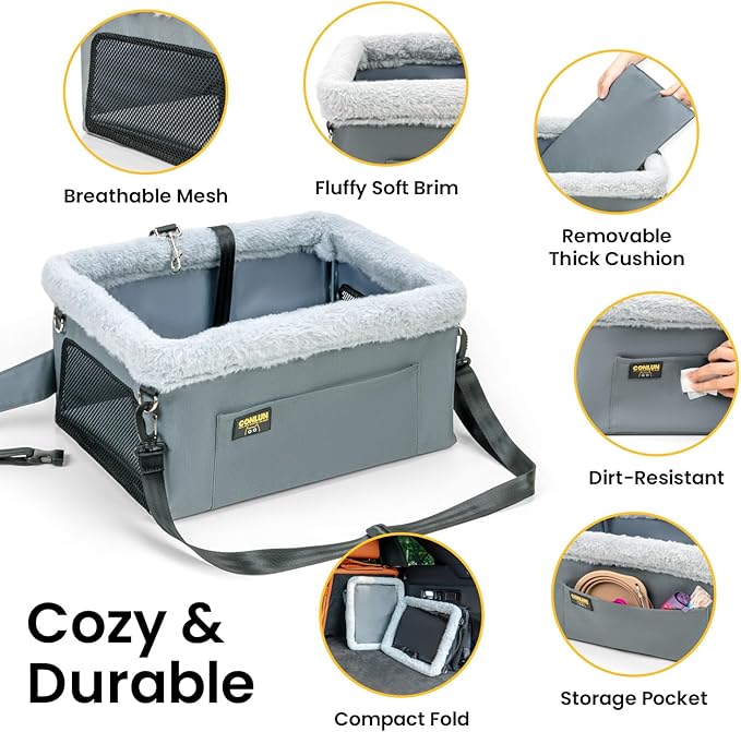 Conlun 2-Pack Dog Car Seat Boosters for Small Pets Under 20lbs, Portable Travel Puppy Car Seats with Internal Steel Frame, Comfort Cushions & Storage Pockets, Grey