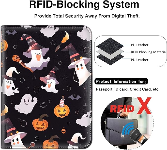 Passport Wallet, Passport Holder with RFID Blocking and Luggage Tag, Waterproof PU Leather Travel Documents Organizer Case, Passport Covers with Card Slot for Women & Men, Halloween Spooky Pumpkin