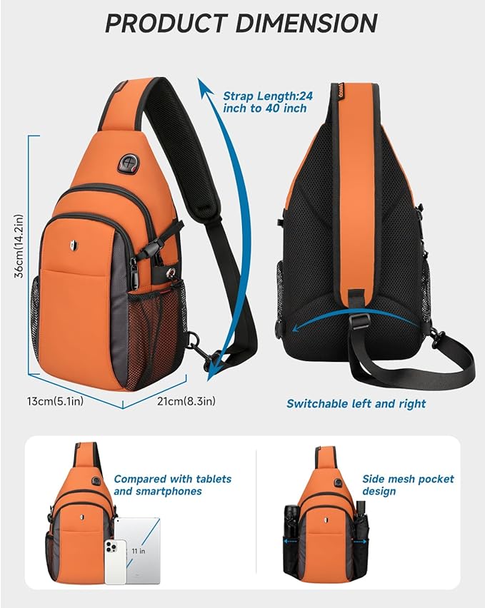 Anti-Theft Sling Bag for Men & Women, Water Resistant Crossbody Backpack, Travel Hiking Chest Pack Fits 11 inch iPad & Switch 2, Orange with Side Pocket