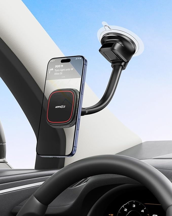 APPS2Car Upgraded for MagSafe Car Mount, Magnetic Car Phone Holder with 6.4'' Flexibile Gooseneck Arm, Suction Cup Holder for Windshield Window Dashboard, Fit for iPhones Smartphones