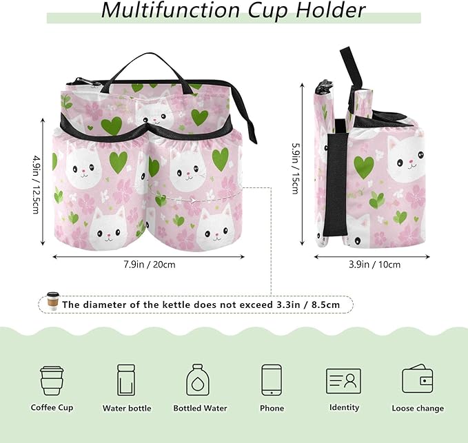 Luggage Cup Holder for Suitcases Free Hands Suitcase Cup Holder Travel Luggage Drink Holder Portable Luggage Cup Caddy Bag Carrier with Handle Pink Cute Sakura Cat Faces Hearts