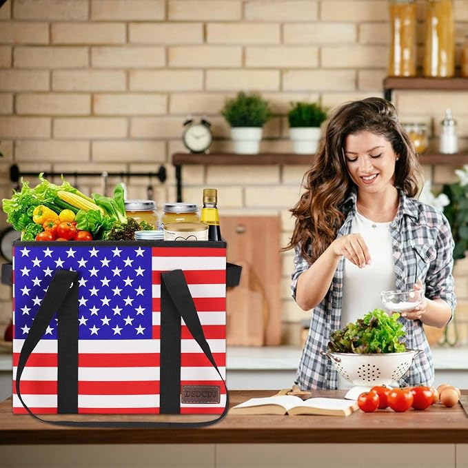 Patriotic Bags - Heavy Duty Reusable Grocery Bags with Hard Bottom & Long Handles, Foldable Reusable Shopping Bags with Box Shape to Stand Up, 3 Pack, Patriotic