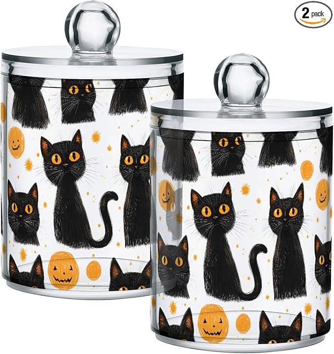 2 Pack Qtip Holder Organizer Dispenser Black Cats Halloween Bathroom Storage Canister Cotton Ball Holder Container for Cotton Pads/Swabs/Floss