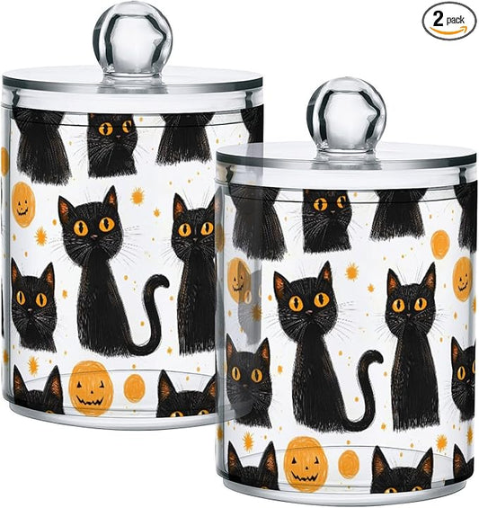 2 Pack Qtip Holder Organizer Dispenser Black Cats Halloween Bathroom Storage Canister Cotton Ball Holder Container for Cotton Pads/Swabs/Floss