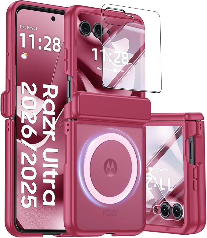 Magnetic for Motorola Razr Ultra 2026/2025 Case,Hinge Protection, Screen Protector, Compatible with MagSafe, Translucent Frosted, Shockproof Slim Cover for Razr Ultra 2026/2025-Rose Red