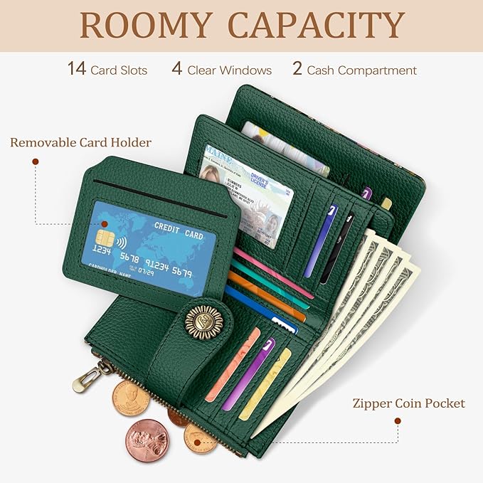 Icycay Floral Flowers Small Wallet Women RFID Blocking Bifold, Credit Card Holder, Zipper Coin Pocket, PU Leather, Compact, Travel, 4 ID Window, 14 Card Slots, Cash Purse, Ladies Woman Female Girls