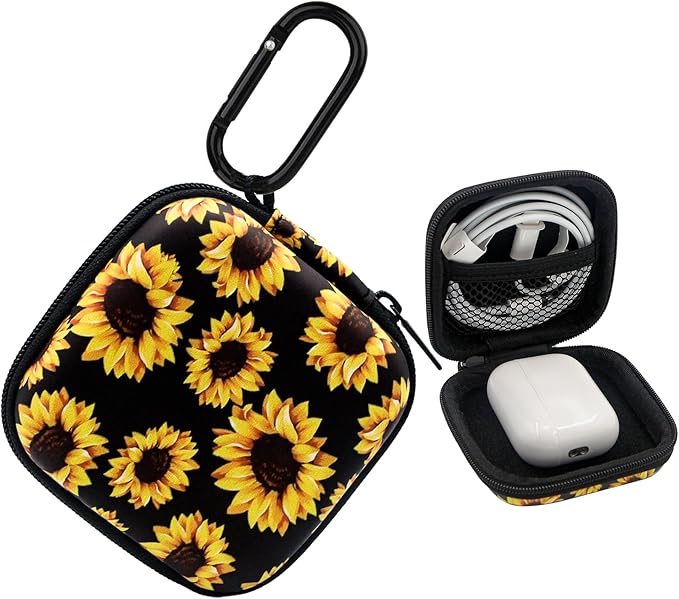 Earbud Case,Headphone Organizer Earbud Storage Bag, Hard EVA Shockproof Cover Carrying Case with Carabiner Clip Compatible with AirPods 4 AirPods Pro 2nd /3/2/1 Bose Galaxy (Sunflower)