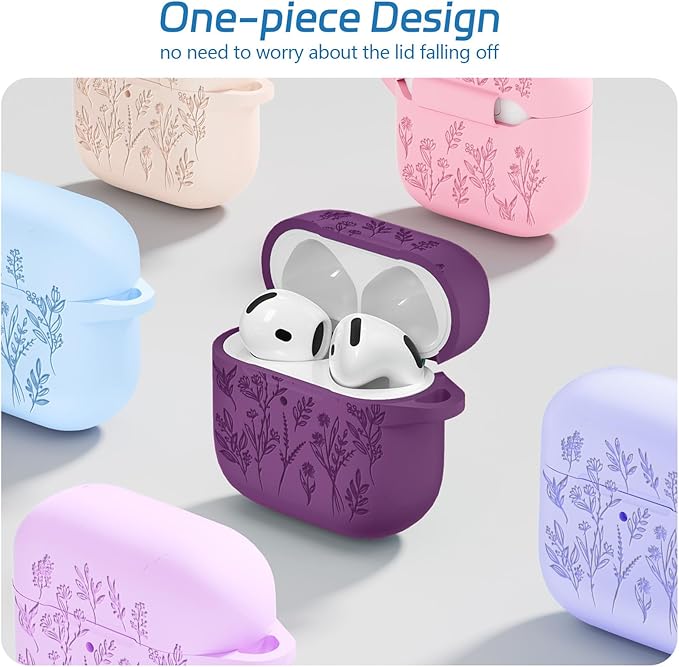 for Airpods 4 Case, Ekoonpft Flower Engraved Cases for Apple AirPods 4th Generation 2024, Soft Silicone Cover for Women Girly with 3-in-1 Cleaning Kit & Keychain, Anti-Scratch, Shockproof