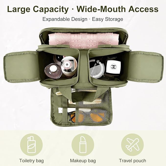 Travel Makeup Bag, Portable Travel Bag with Hanging Hook for Women, Waterproof and Hanging Toiletry Bags Travel Organizer Accessories for Travel Essentials,Green